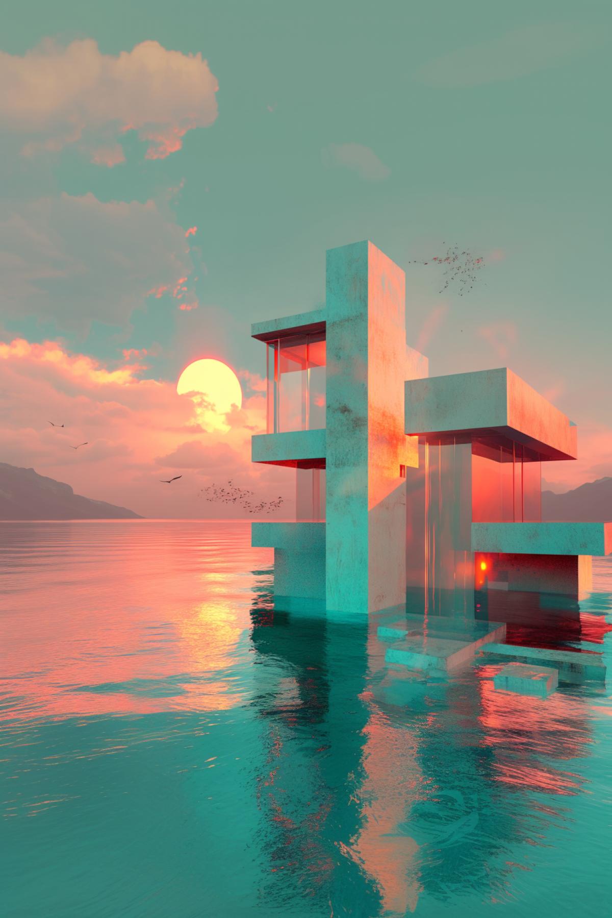 House by the sea, future, minimalism, flicker, photoshop, double sunset, magical world, fairy-tale world.