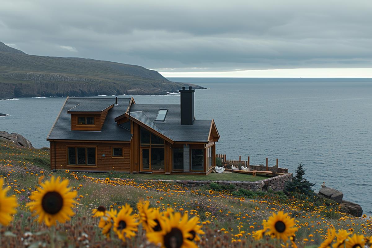 Wooden small cozy house on the seashore, behind a field of sunflowers, 🌊