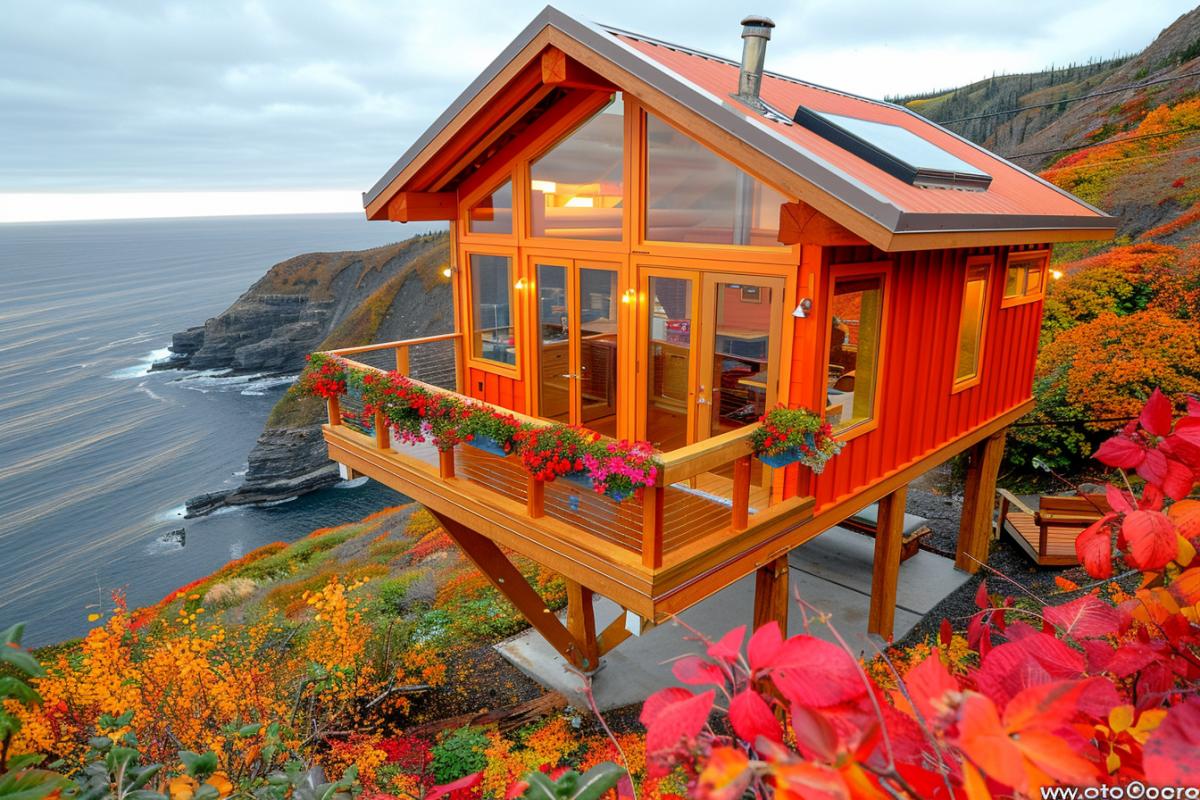House for a cat on the shore of the foggy northern sea, autumn