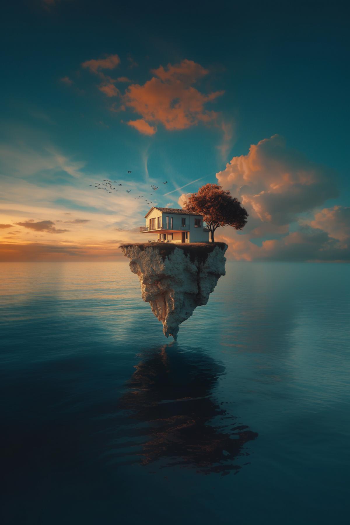 House by the sea, future, minimalism, flickering, photoshop, magical world, parallel world, realistic image, psychedelic