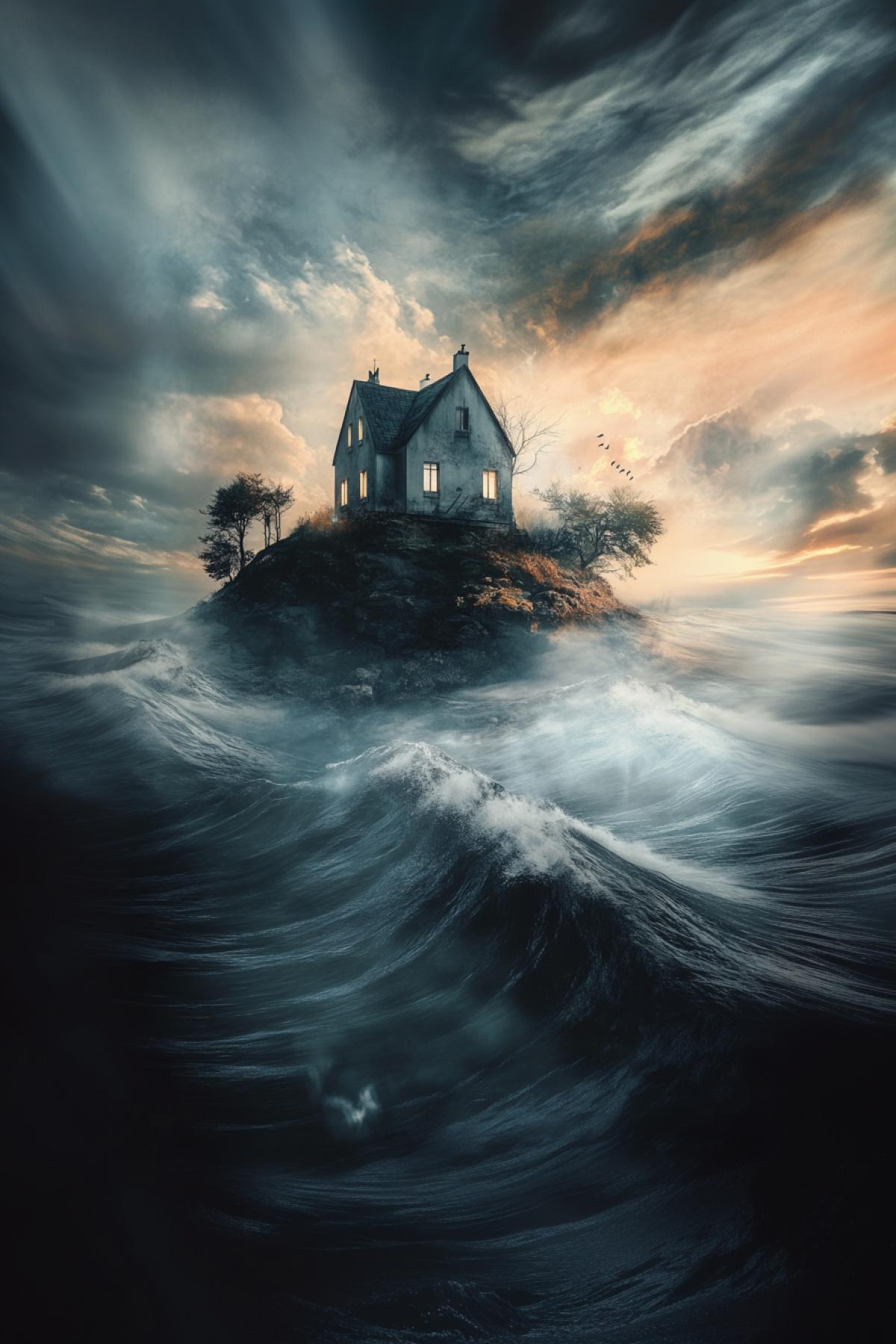 House by the sea, future, minimalism, flickering, photoshop, magical world, parallel world, realistic image, psychedelic