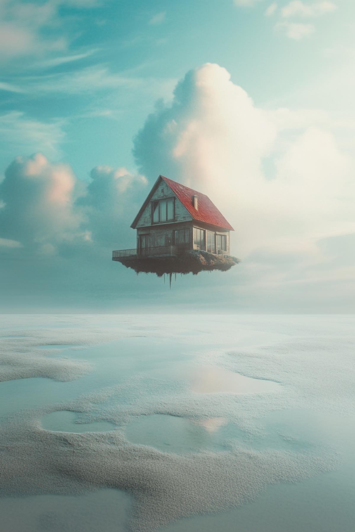 House by the sea, future, minimalism, flickering, photoshop, magical world, parallel world, realistic image, psychedelic