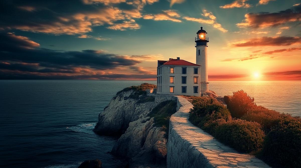 Sea, house, lighthouse