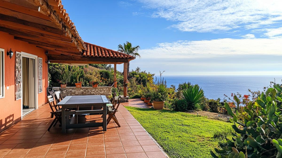 House with sea view from the terrace. With a scenic view in the backyard