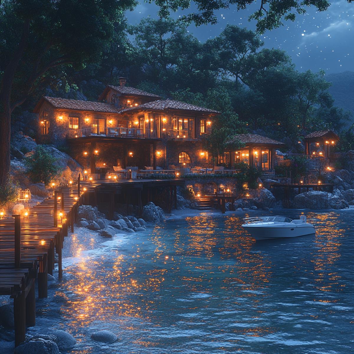 Summer night under a blanket of stars, tranquil sea gently lapping against wooden pier, quaint yacht bobbing softly, charming dream house perched nearby, softly glowing lanterns illuminating intricate architecture, reflection of starlight dancing on water, lush vegetation framing the scene, idyllic serenity captured in a perfect coastal retreat.