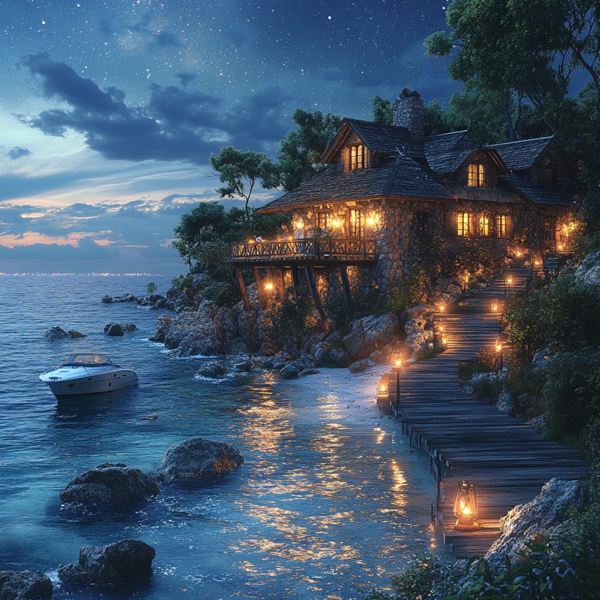 Summer night under a blanket of stars, tranquil sea gently lapping against wooden pier, quaint yacht bobbing softly, charming dream house perched nearby, softly glowing lanterns illuminating intricate architecture, reflection of starlight dancing on water, lush vegetation framing the scene, idyllic serenity captured in a perfect coastal retreat.