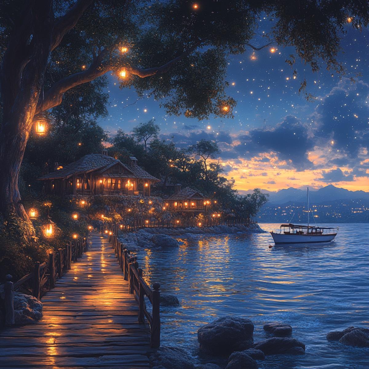 Summer night under a blanket of stars, tranquil sea gently lapping against wooden pier, quaint yacht bobbing softly, charming dream house perched nearby, softly glowing lanterns illuminating intricate architecture, reflection of starlight dancing on water, lush vegetation framing the scene, idyllic serenity captured in a perfect coastal retreat.