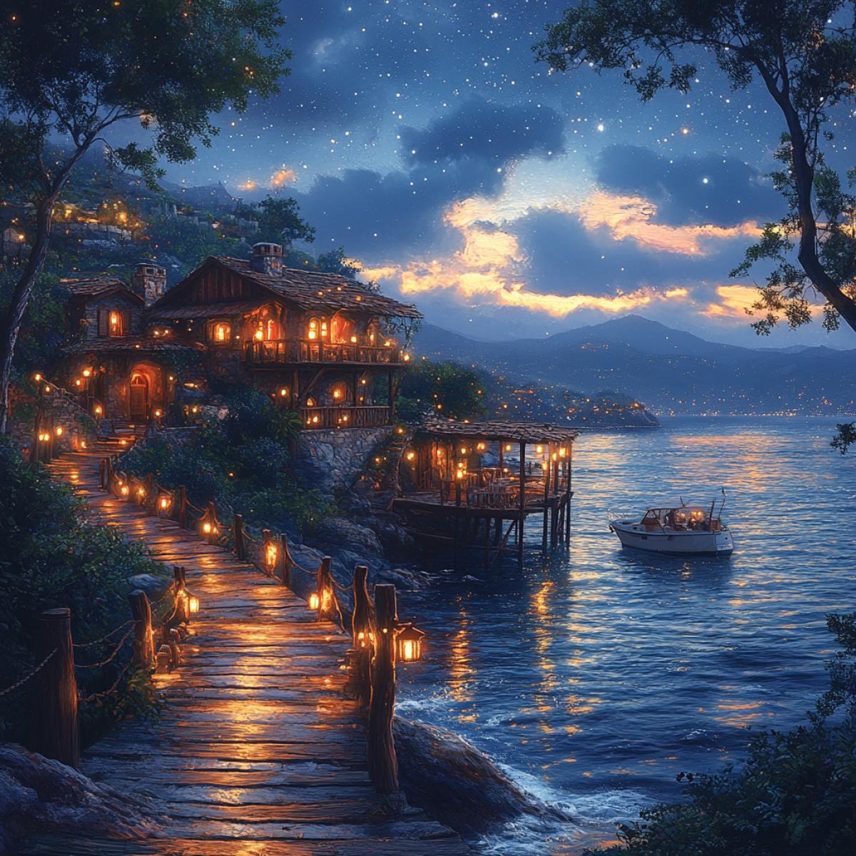 Summer night under a blanket of stars, tranquil sea gently lapping against wooden pier, quaint yacht bobbing softly, charming dream house perched nearby, softly glowing lanterns illuminating intricate architecture, reflection of starlight dancing on water, lush vegetation framing the scene, idyllic serenity captured in a perfect coastal retreat.