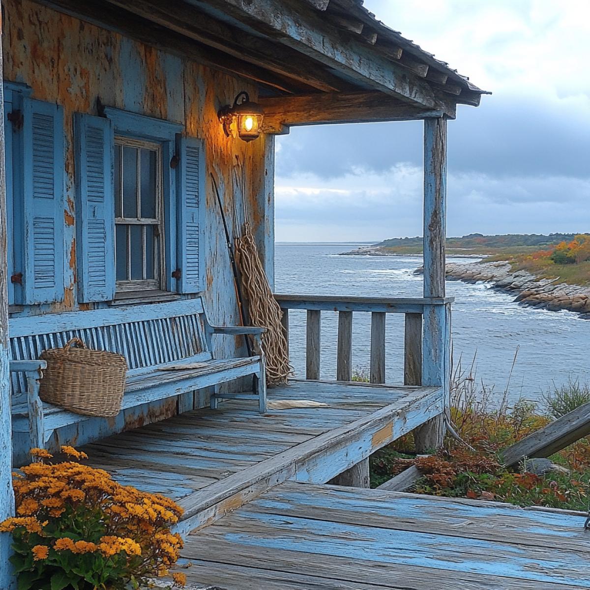 Cozy fishermans cottage by the sea, weathered wooden beams adorned with nautical ropes, bright blue shutters framing rustic windows, peeling paint luxury stories of storms, weathered fishing nets draped over aged porch railing, gentle waves crashing against rocky shore, fishing rods leaning against the wall, tranquil atmosphere filled with salty breeze and seagull calls.