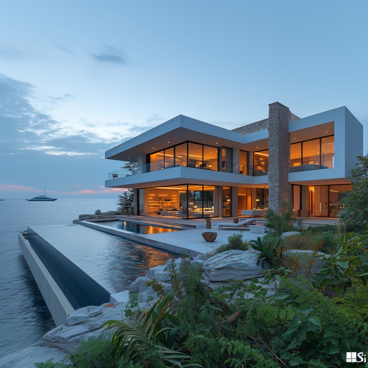 Dream of a cozy house by the dark Sea, modern minimalist design with large panoramic windows, sleek white façade contrasting with deep blue sea, unobstructed view of fishing vessels bobbing gently on the waves, terraced balcony adorned with Mediterranean plants, gentle breeze wafting through open spaces, artistically arranged driftwood sculptures, soft tones of sunset reflecting on calm waters.