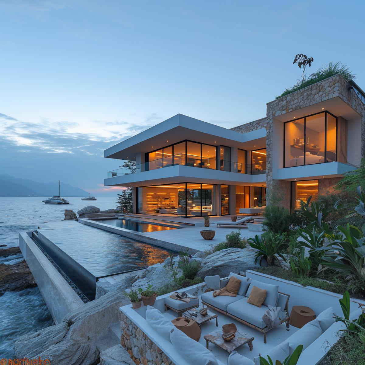 Dream of a cozy house by the dark Sea, modern minimalist design with large panoramic windows, sleek white façade contrasting with deep blue sea, unobstructed view of fishing vessels bobbing gently on the waves, terraced balcony adorned with Mediterranean plants, gentle breeze wafting through open spaces, artistically arranged driftwood sculptures, soft tones of sunset reflecting on calm waters.