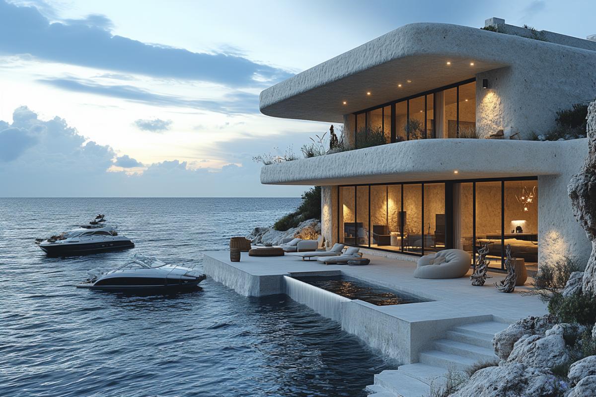 Dream of a cozy house by the dark Sea, modern minimalist design with large panoramic windows, sleek white façade contrasting with deep blue sea, unobstructed view of fishing vessels bobbing gently on the waves, terraced balcony adorned with Mediterranean plants, gentle breeze wafting through open spaces, artistically arranged driftwood sculptures, soft tones of sunset reflecting on calm waters.