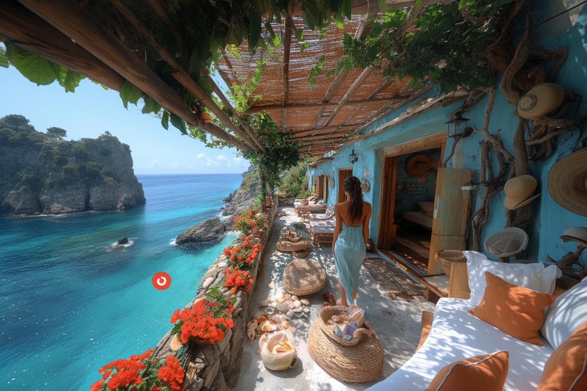 Haven of a woman by the sea, charming cottage with pastel-colored walls, sprawling terrace adorned with vibrant flowers, panoramic ocean views stretching endlessly, rustic wooden furnishings inviting relaxation, ocean breeze dancing through open windows, artfully arranged seashells and driftwood decor, serene escape blending nature and comfort, sun-kissed pathways leading to sandy beach.