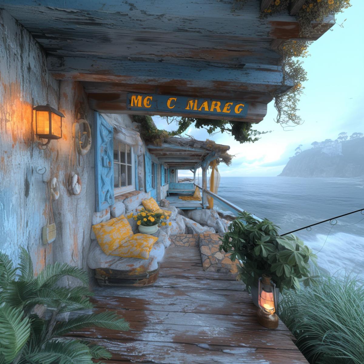 Cozy fishermans cottage by the sea, weathered wooden beams adorned with nautical ropes, bright blue shutters framing rustic windows, peeling paint luxury stories of storms, weathered fishing nets draped over aged porch railing, gentle waves crashing against rocky shore, fishing rods leaning against the wall, tranquil atmosphere filled with salty breeze and seagull calls.