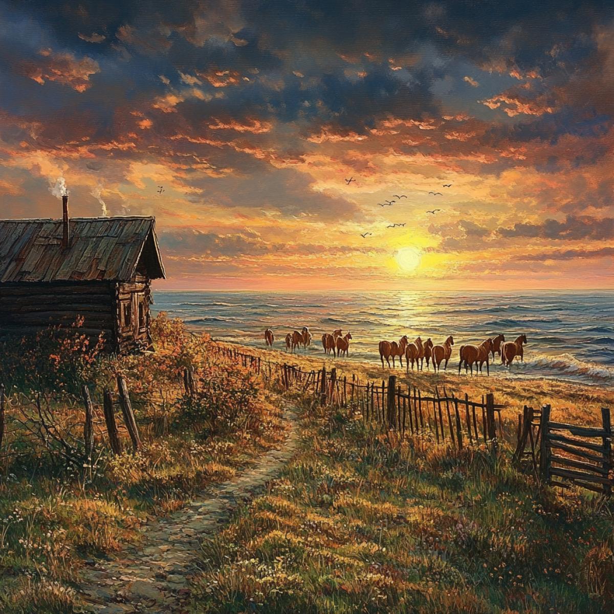 dark Sea shore with a herd of horses, elegant silhouettes galloping through golden sands, weather-beaten Kuban cottage adorned with intricate wooden carvings, sdirty clay walls embraced by wild vines, sprawling fields stretching into the horizon, sun setting behind distant mountains, shimmering waves reflecting fiery colors, soft whispers of wind carrying the scent of salt and grass, rustic wooden fence enclosing a pastoral paradise.