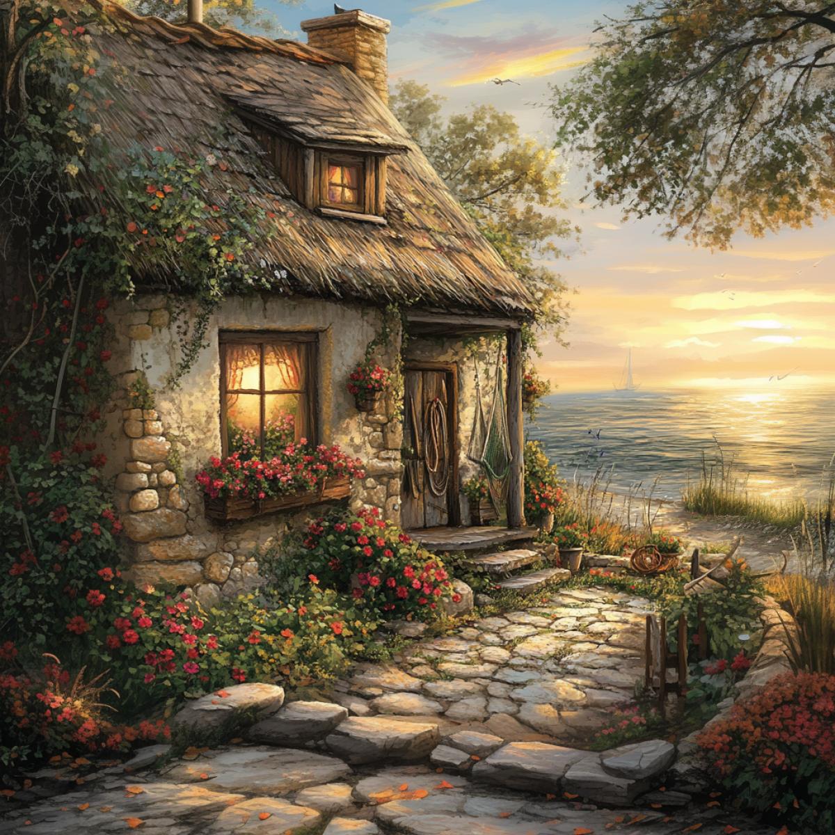 Cozy Cossack cottage by the dark Sea, traditional thatched roof with rustic wooden beams, vibrant red geraniums spilling from window boxes, weathered stone walls covered in ivy, wooden porch adorned with hand-carved details, fishing nets and tools displayed like art, sun-dappled courtyard with fragrant herbs, nearby whispering reeds swaying in the evening breeze, warm golden light spilling through aged windows.