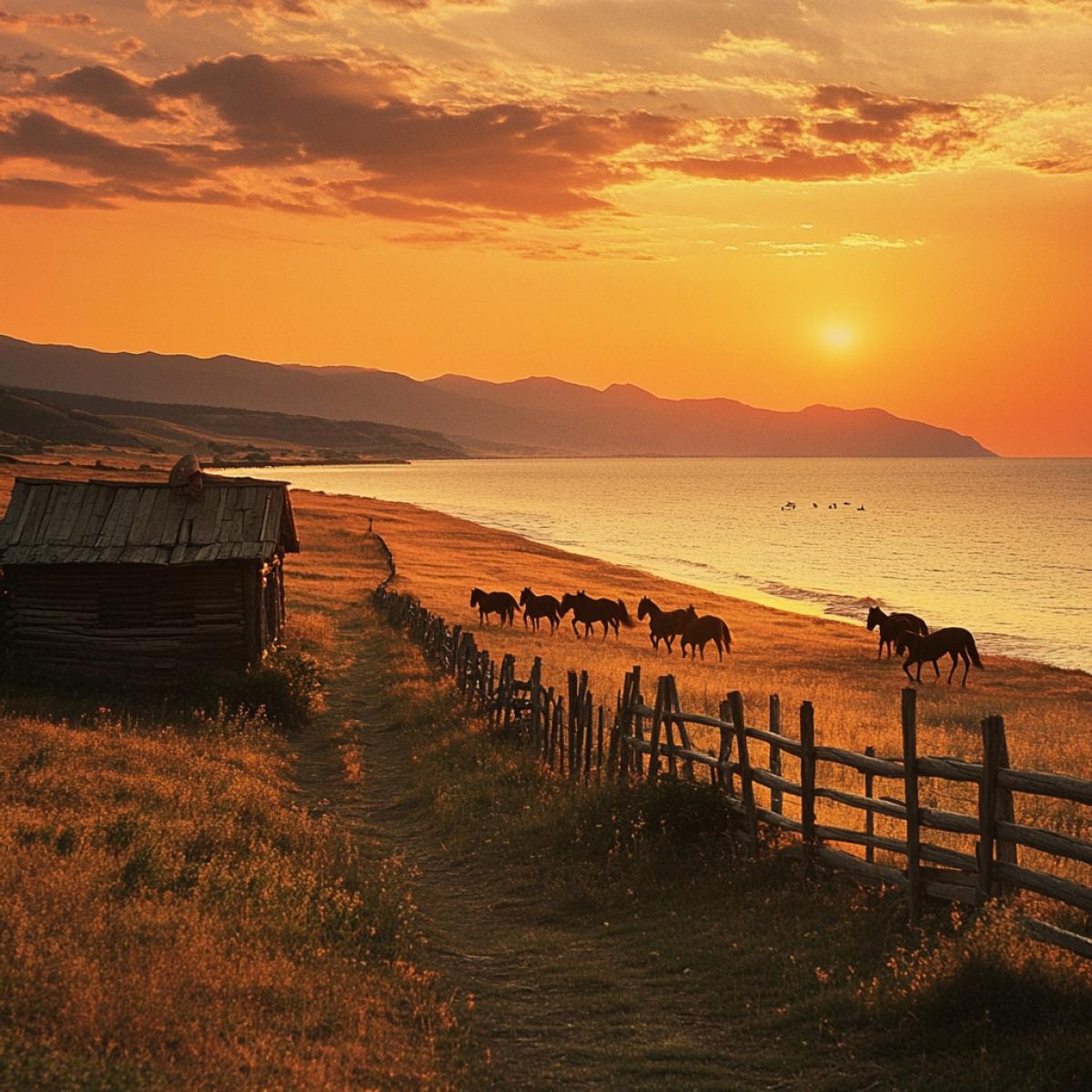 dark Sea shore with a herd of horses, elegant silhouettes galloping through golden sands, weather-beaten Kuban cottage adorned with intricate wooden carvings, sdirty clay walls embraced by wild vines, sprawling fields stretching into the horizon, sun setting behind distant mountains, shimmering waves reflecting fiery colors, soft whispers of wind carrying the scent of salt and grass, rustic wooden fence enclosing a pastoral paradise.
