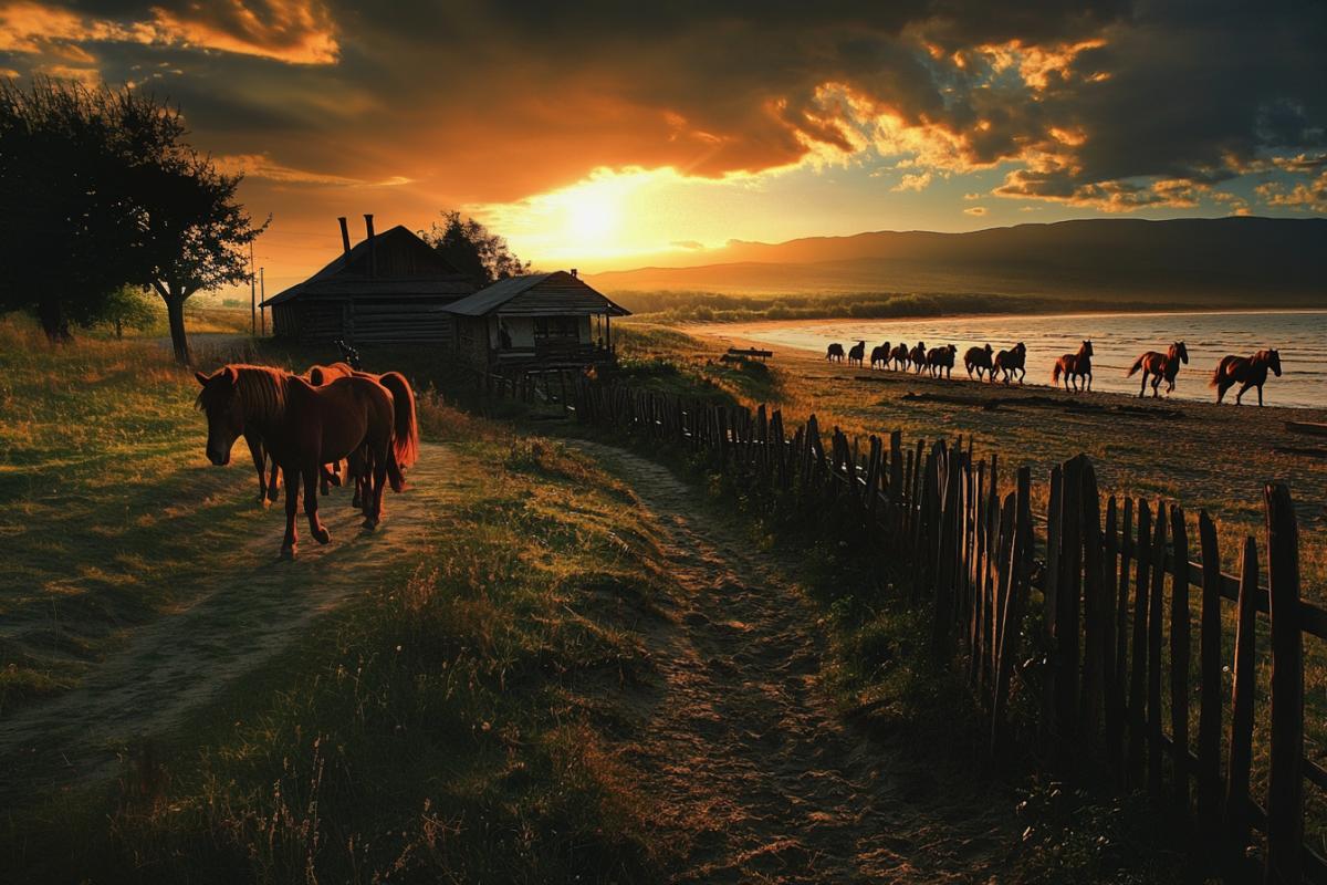 dark Sea shore with a herd of horses, elegant silhouettes galloping through golden sands, weather-beaten Kuban cottage adorned with intricate wooden carvings, sdirty clay walls embraced by wild vines, sprawling fields stretching into the horizon, sun setting behind distant mountains, shimmering waves reflecting fiery colors, soft whispers of wind carrying the scent of salt and grass, rustic wooden fence enclosing a pastoral paradise.
