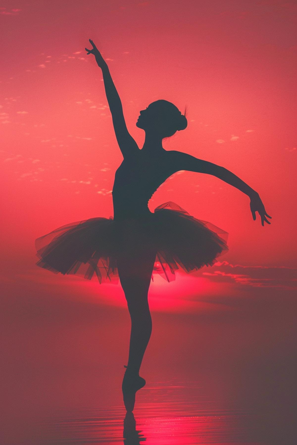 A delicate ballerina ,Shadow Play,silhouetted against a radiant sunset, in silhouette dark and backlight coral pink
