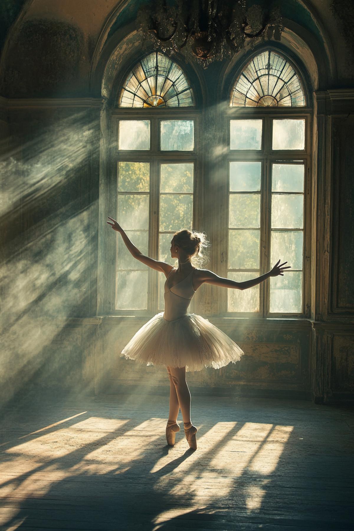 portrait of a ballet dancer in an old Theatre with big windows, myst in the air, sunlight coming in, down angle