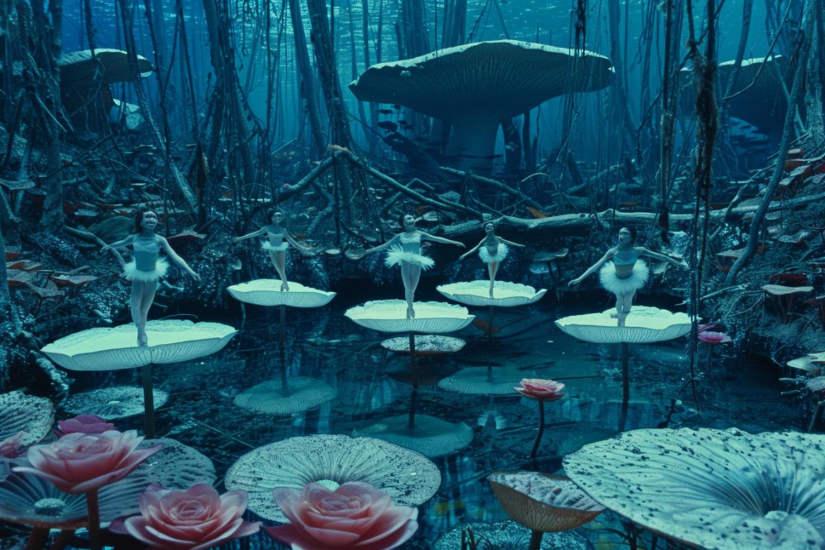 Ballerinas dance ballet among the swamp forests of Karelia