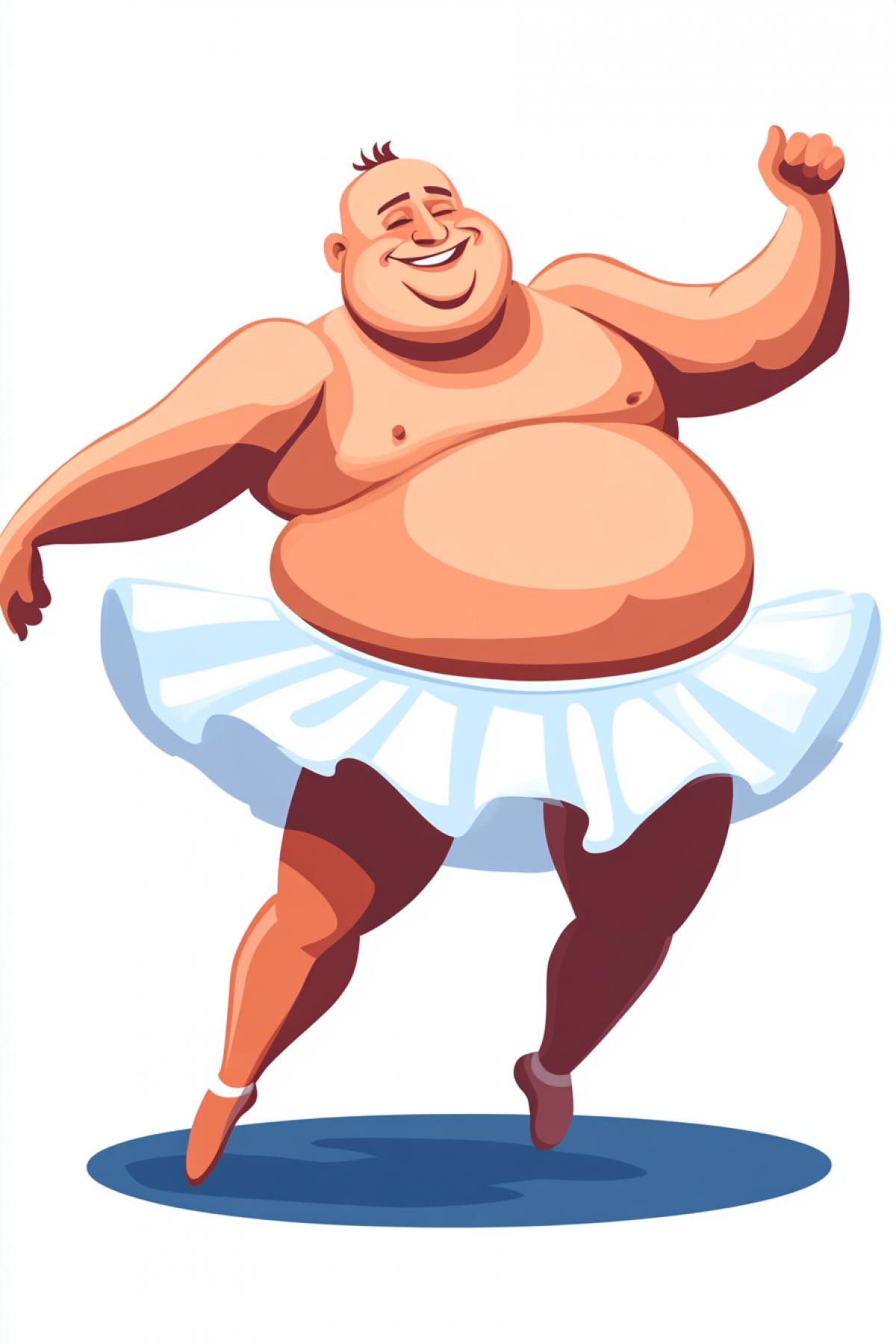 A very fat cheerful man dancing in a white ballet tutu. A cheerful caricature.