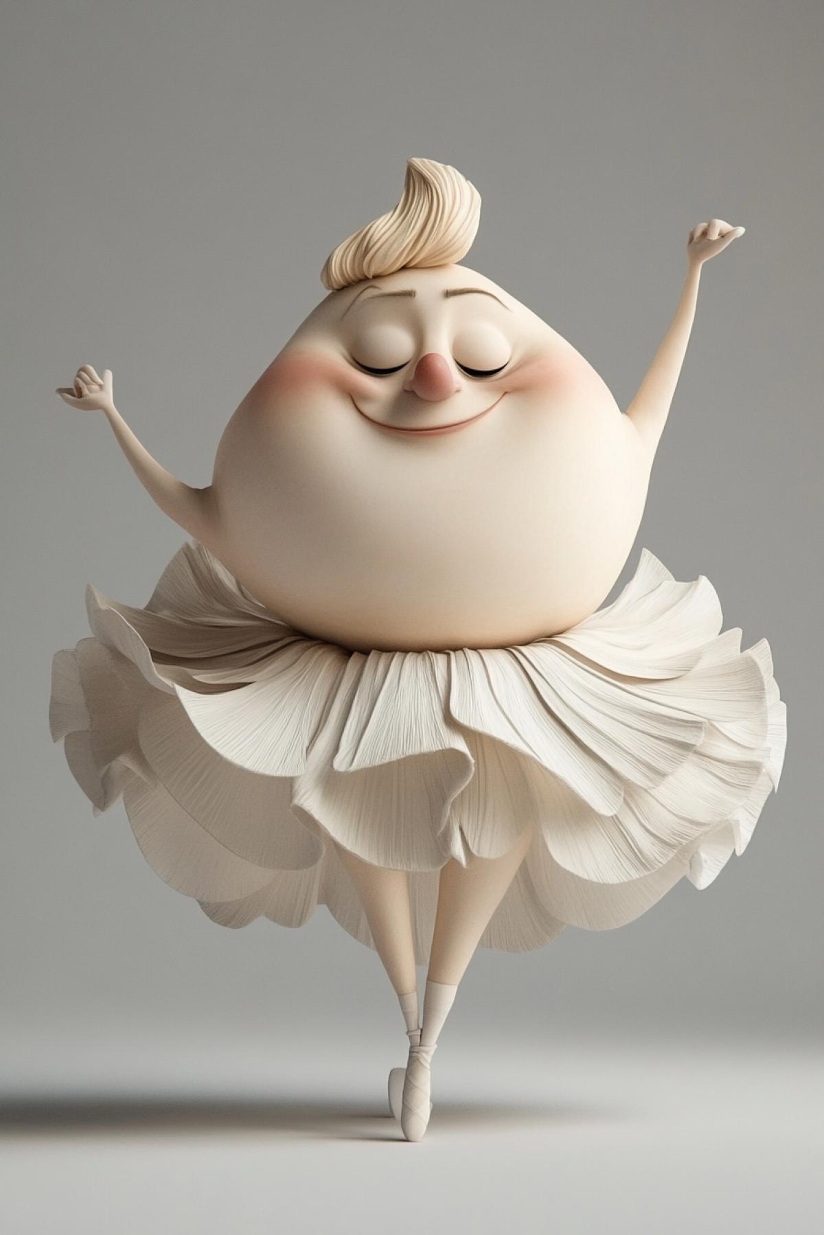 A very fat cheerful man dancing in a white ballet tutu. A cheerful caricature.
