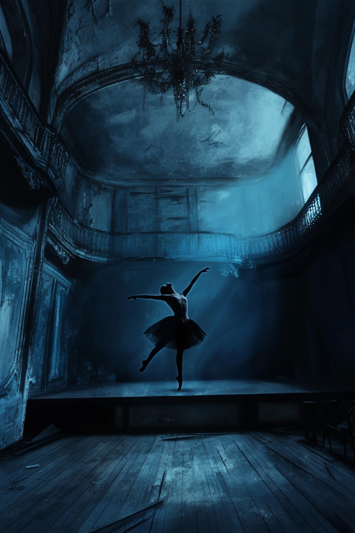 Zombie ballerina dancing in a dark theater, old ruined theater , dark blue and dark, horror style , by Stefan Koidl, close up