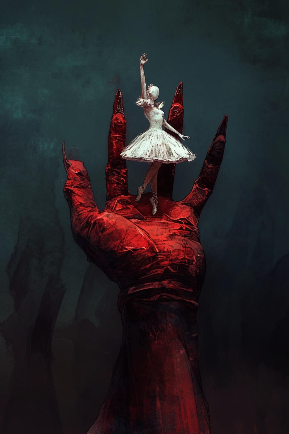 white statuette of ballerina stands on red palm of devil, devil holds statuette of ballerina in the palm of his hand , statuette stands in the palm of his hand, red palm, dark background , horror style , dark blue and dark, horror style , by Stefan Koidl