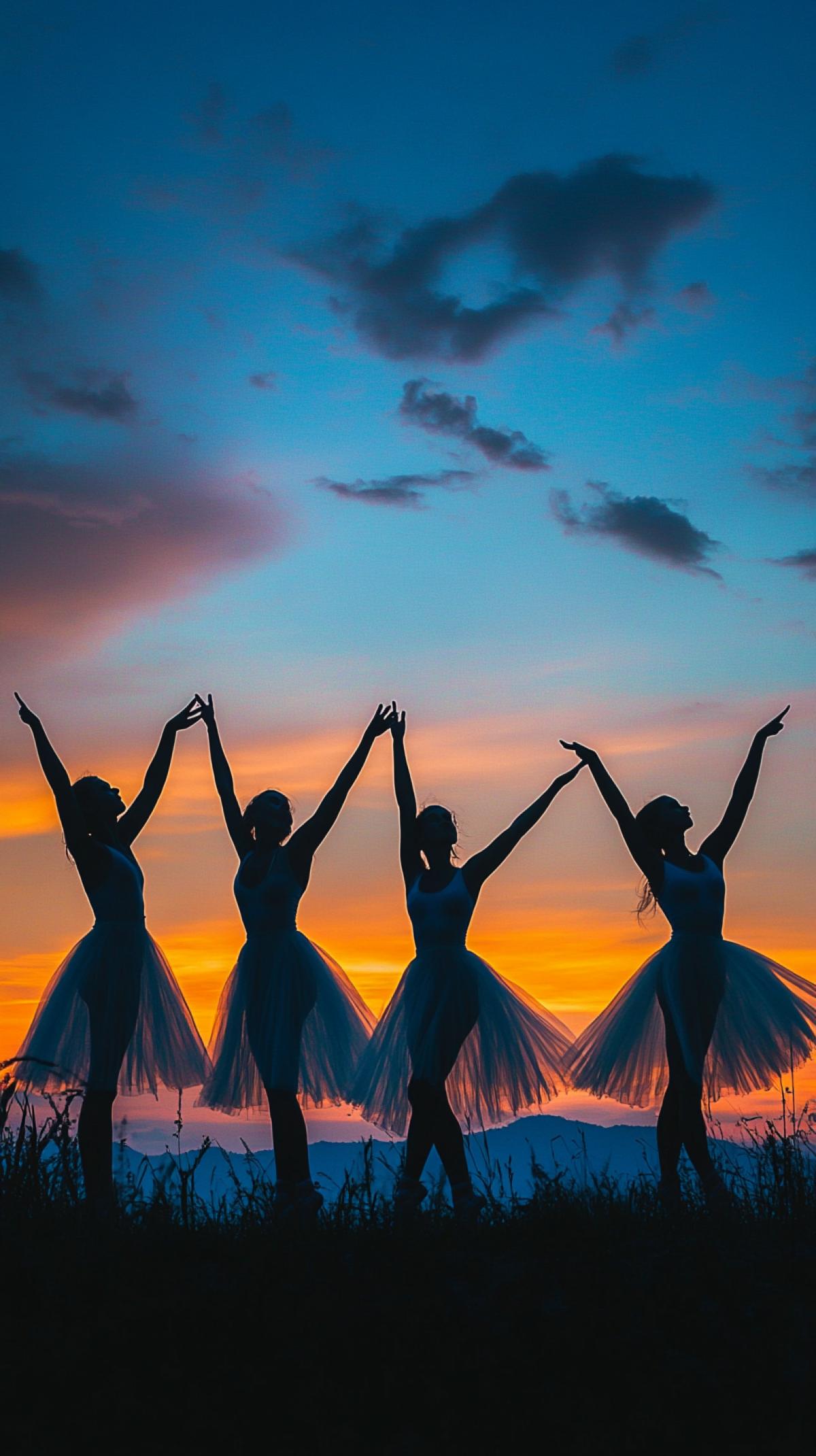 against the backdrop of a mountain burning with multi-colored lights, beautiful silhouettes of ballerinas, 5 people, blue-gold silhouettes. unusual angle. 1024k, photorealism, ultra-realistic, high dynamical range, raw photo, 500dpi, HDR+, f/16, professional photo