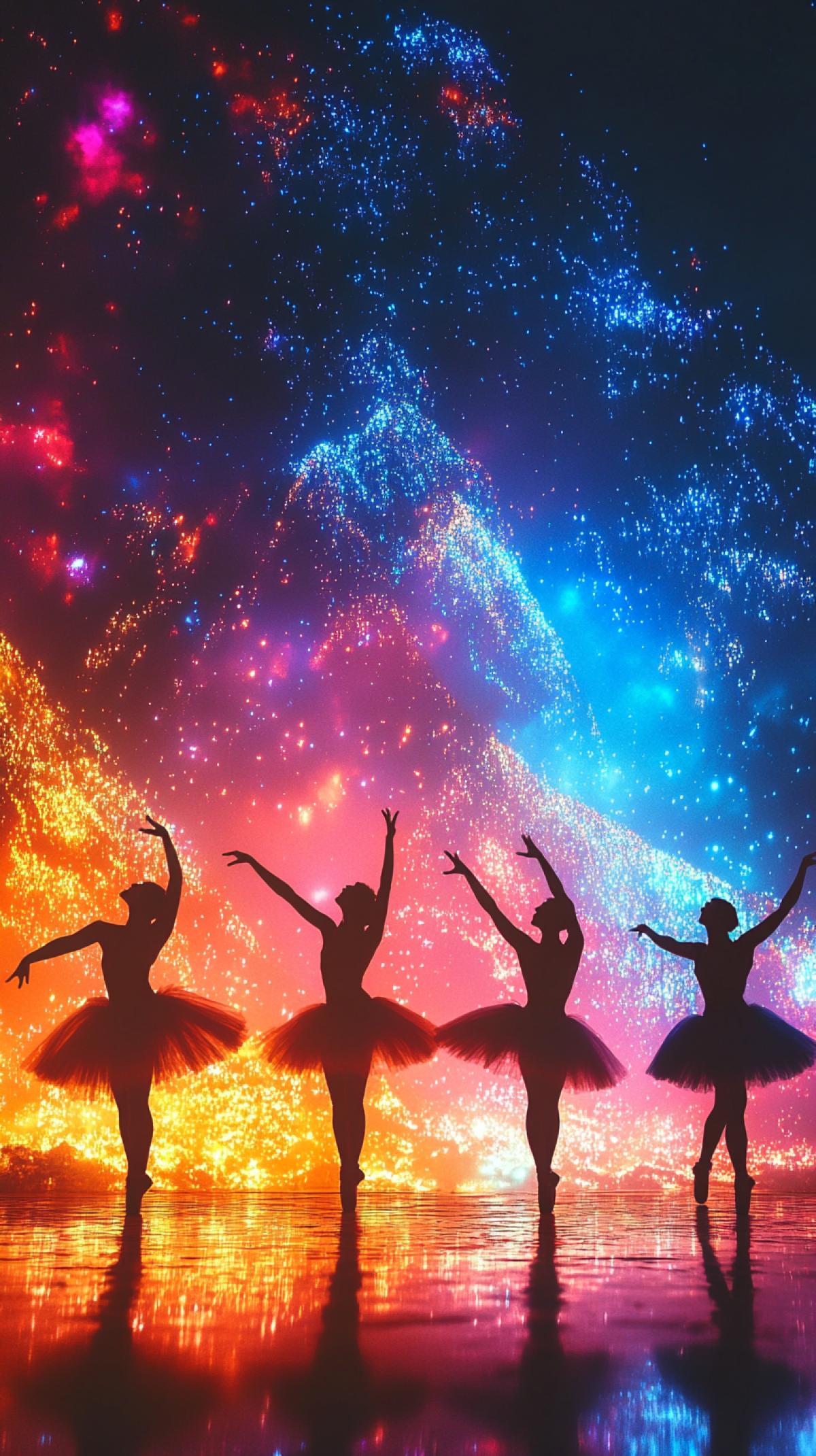 against the backdrop of a mountain burning with multi-colored lights, beautiful silhouettes of ballerinas, 5 people, blue-gold silhouettes. unusual angle. 1024k, photorealism, ultra-realistic, high dynamical range, raw photo, 500dpi, HDR+, f/16, professional photo