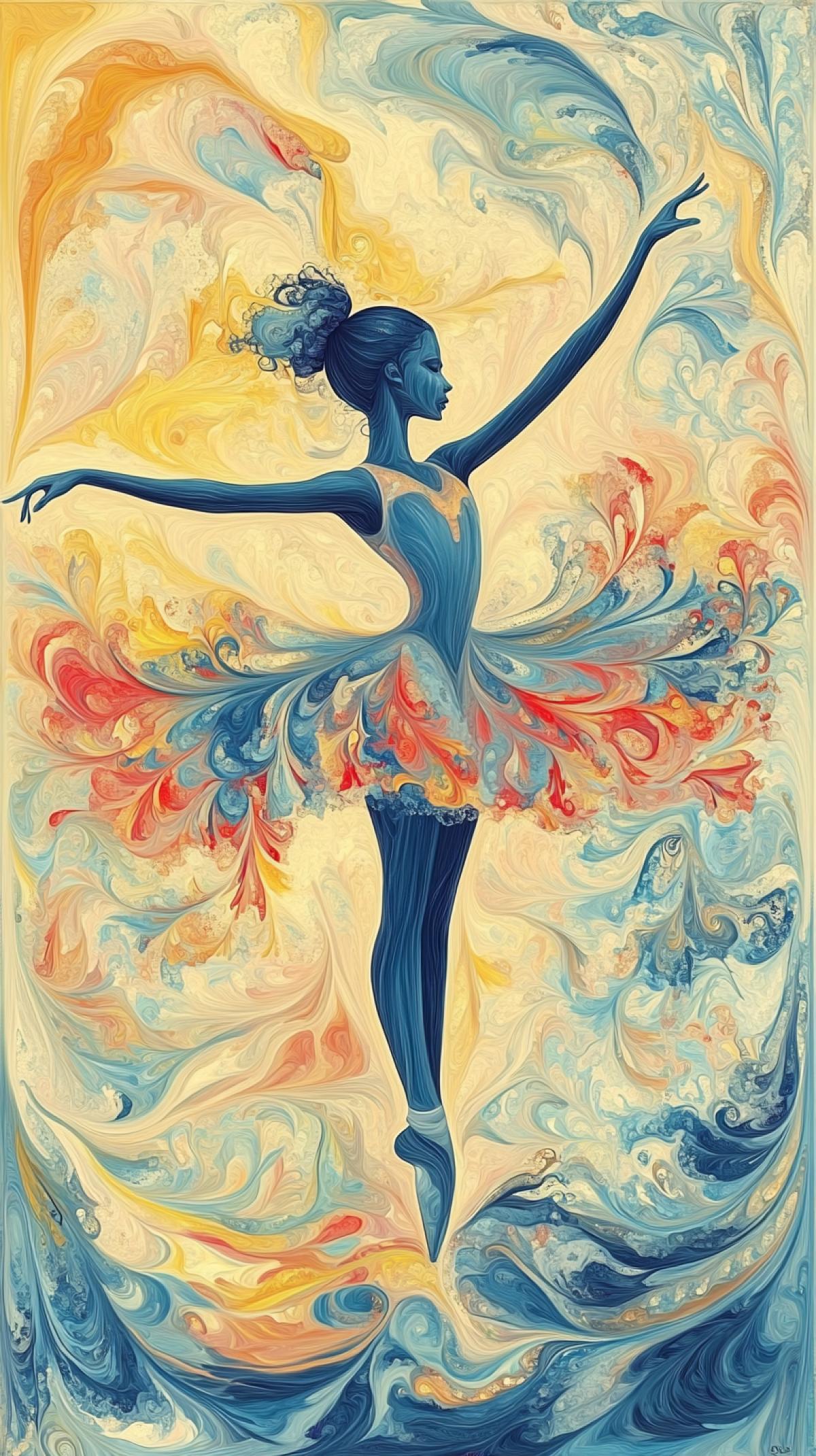 Ballerina in profile, colorful on an abstract background, created in the Ebru technique on the surface of water. The work must convey the fluidity of the paint with detailed swirls and patterns, soft and blurred edges. Yellow, light blue, blue, red and white, like a water-based masterpiece. Highest quality. Inspired by the traditional Ebru style. Minimalism