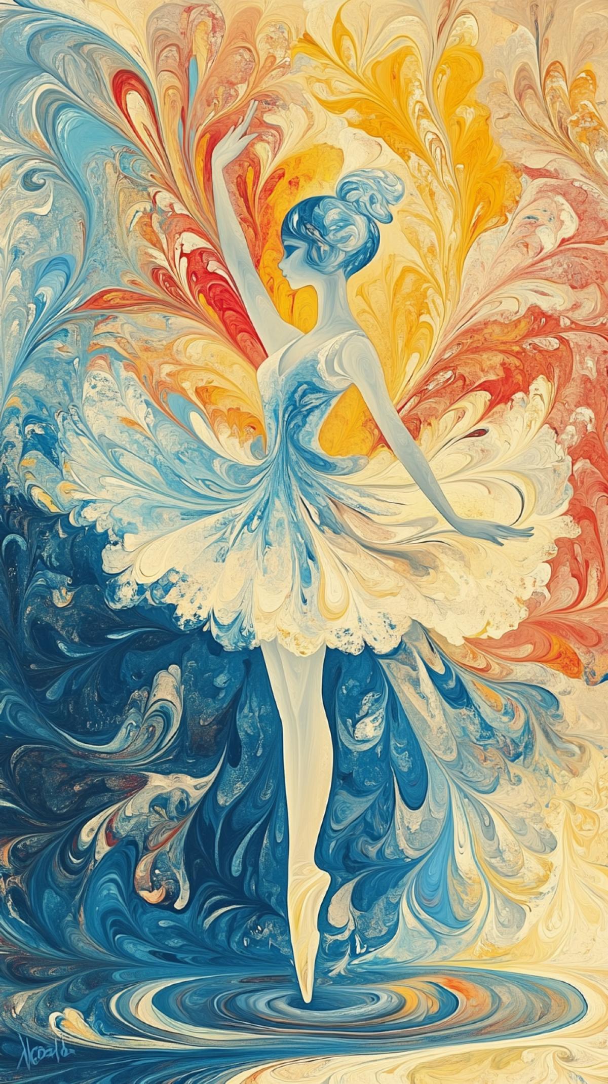 Ballerina in profile, colorful on an abstract background, created in the Ebru technique on the surface of water. The work must convey the fluidity of the paint with detailed swirls and patterns, soft and blurred edges. Yellow, light blue, blue, red and white, like a water-based masterpiece. Highest quality. Inspired by the traditional Ebru style. Minimalism