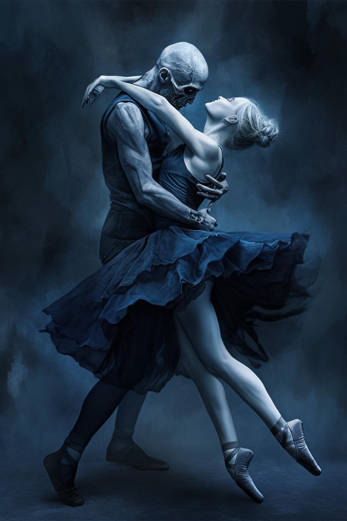 ballet couple, zombie man and zombie girl dancing in ballet, zombie ballerina, dark and dark blue, dark background, decay, couple dance, horror style, by Gerald Brom Keith Thompson