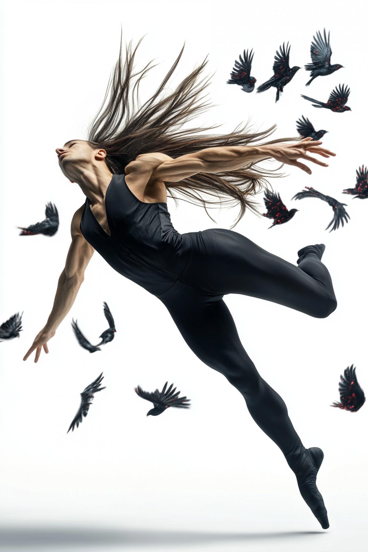 In the style of realistic photography, expressive modern ballet, men and women. On a white background, spectacular movement of the and hair, dark suits with red sparkles