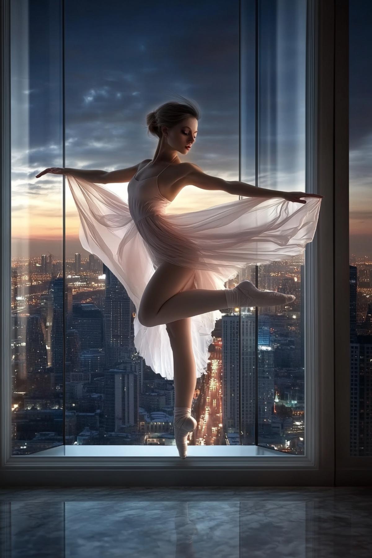 On a wide marble window sill of a skyscraper, a ballerina in a flowing delicate pink dress, a dynamic dance 4k, in the window opening, background of the night city of Moscow City