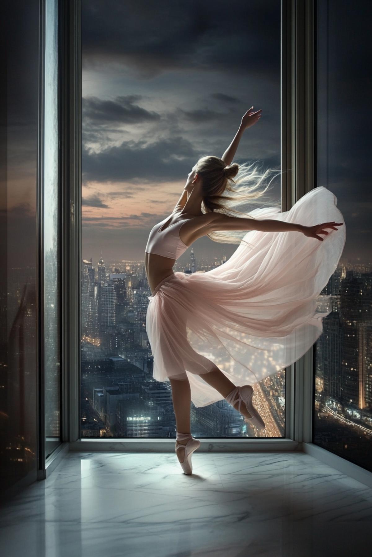 On a wide marble window sill of a skyscraper, a ballerina in a flowing delicate pink dress, a dynamic dance 4k, in the window opening, background of the night city of Moscow City