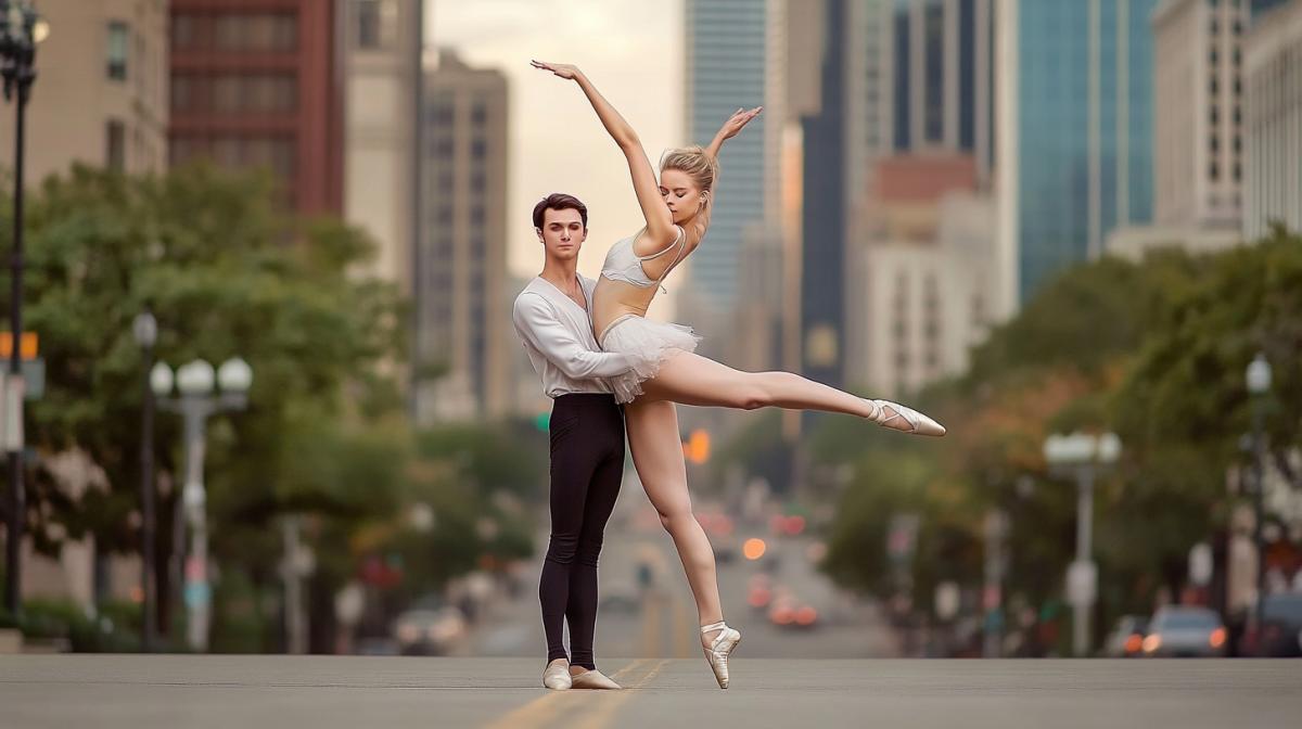Against the backdrop of a city landscape, a ballet couple, a man and a woman. A man makes a support, lifting up his partner performing the splits with outstretched arms, delicate pastel colors