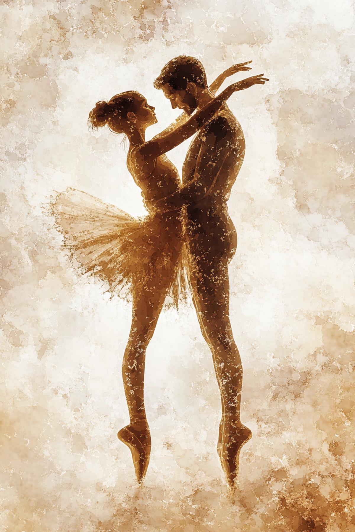 a rough sketch with brushstrokes. painting. a lot of details. A 12-year-old graceful ballerina and her 14-year-old partner in an outfit that shimmers like gold leaf, performing an elegant dance that reflects the essence of elegance and balance of ballet, a fascinating professional shot, aerial lighting, translucency of bodies, aerial fractal effect, fantasy, realism, aesthetics, Fauvism