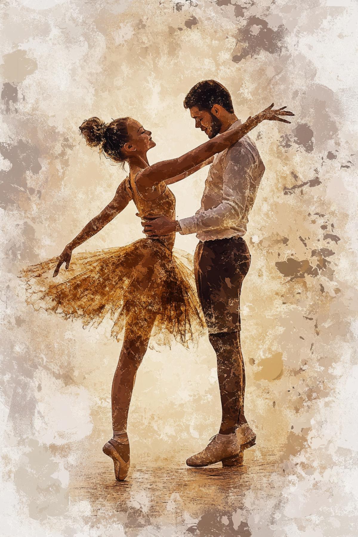 a rough sketch with brushstrokes. painting. a lot of details. A 12-year-old graceful ballerina and her 14-year-old partner in an outfit that shimmers like gold leaf, performing an elegant dance that reflects the essence of elegance and balance of ballet, a fascinating professional shot, aerial lighting, translucency of bodies, aerial fractal effect, fantasy, realism, aesthetics, Fauvism