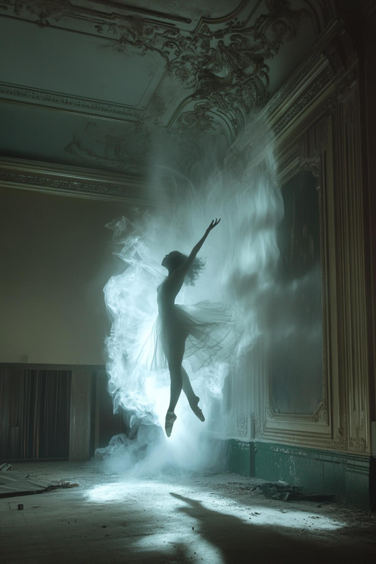 A ghost transparent ballerina dancing in an abandoned theater, her made of melting fog, phantom, poltergeist, horror, cinematic, dynamic, atmospheric, Nick Knight style