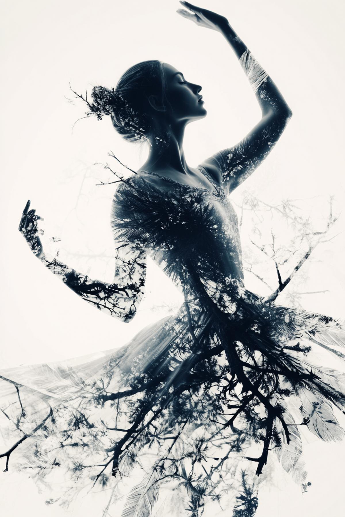 Generate a photorealistic and atmospheric double exposure image. It should have a dramatic and dynamic feel. The first layer should be an elegant Hispanic ballerina in a graceful 4k. The second layer should comprise of detailed images of feathers, thorn branches, and roses. The juxta4k of these images should create an intriguing and visually stunning contrast.