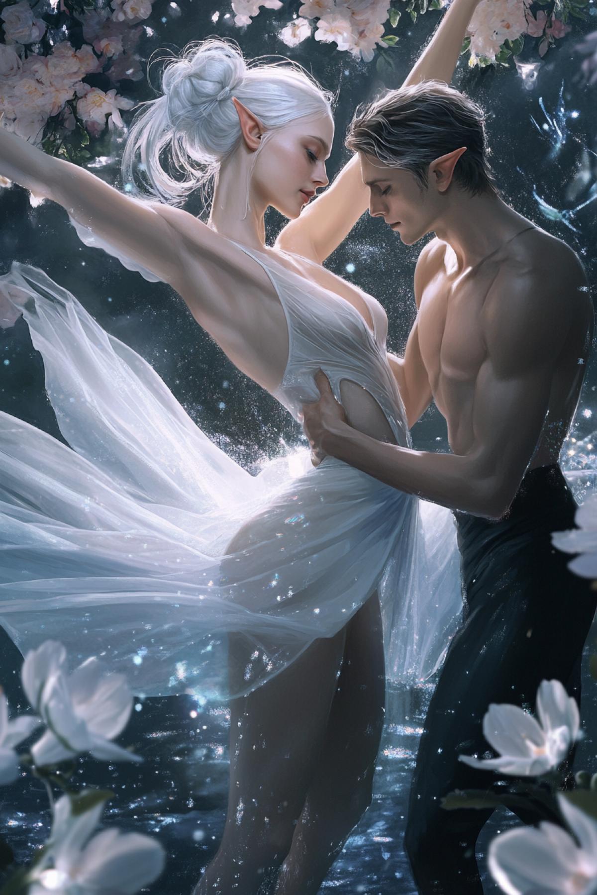a fit woman with white hair gathered in a smooth bun, in a white ballet dress and ballet shoes, pirouettes with a handsome elf man, background flowers and plants, sparkles and shine