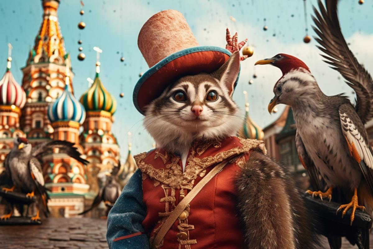 Birds and goblins on Red Square, strange cats in big hats