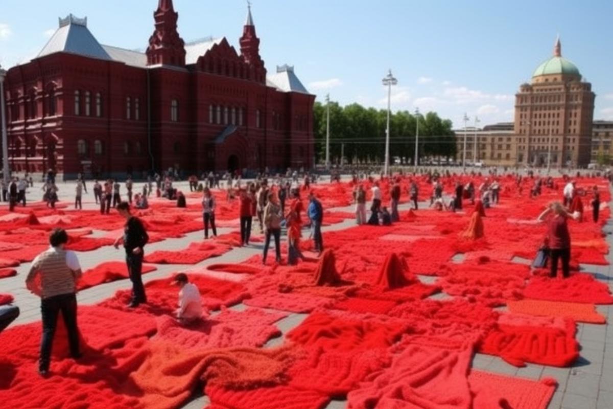 Red Square is filled with creatures in knitting style