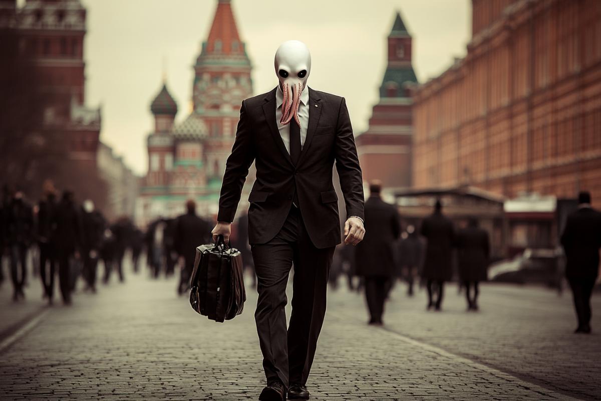 A delegation of octopuses on Red Square, octopuses in business suits walk around Moscow