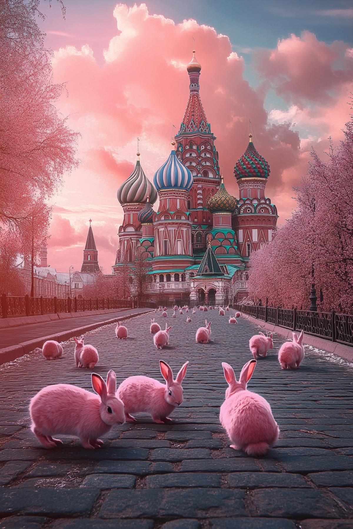 pink hares on Red Square, Russia, flickering, realistic image, photoshop