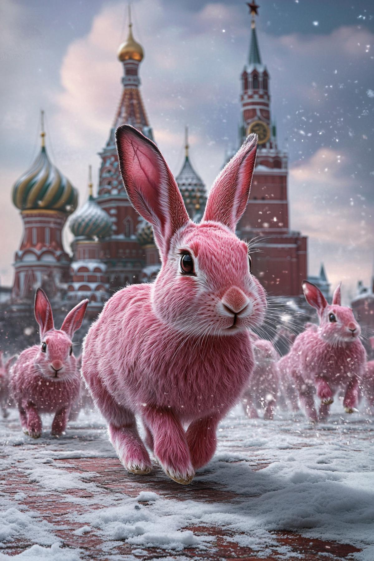 pink hares on Red Square, Russia, flickering, realistic image, photoshop