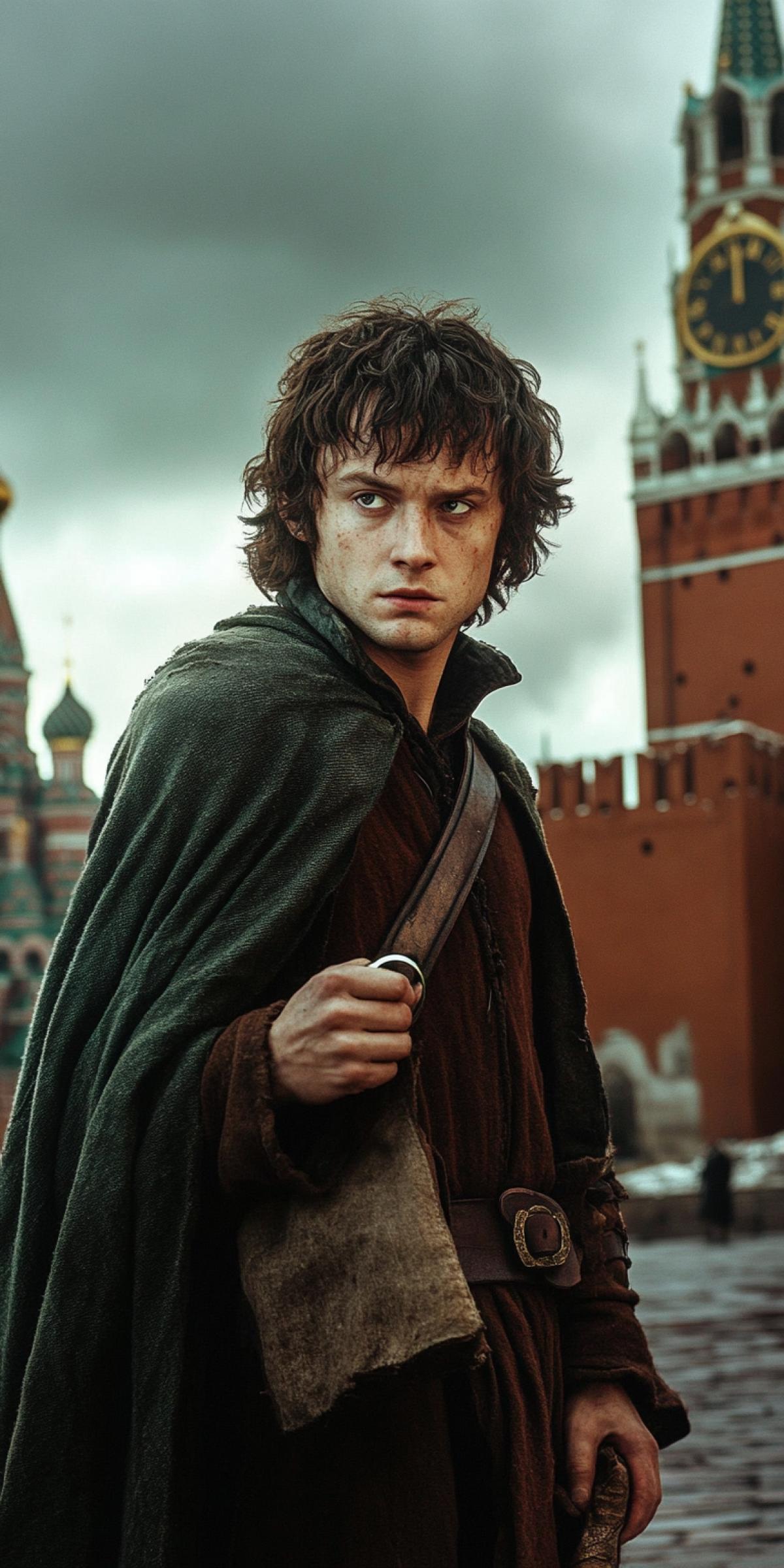 Elijah Wood Frodo Baggins in Red Square, holding the One Ring, gloomy sky