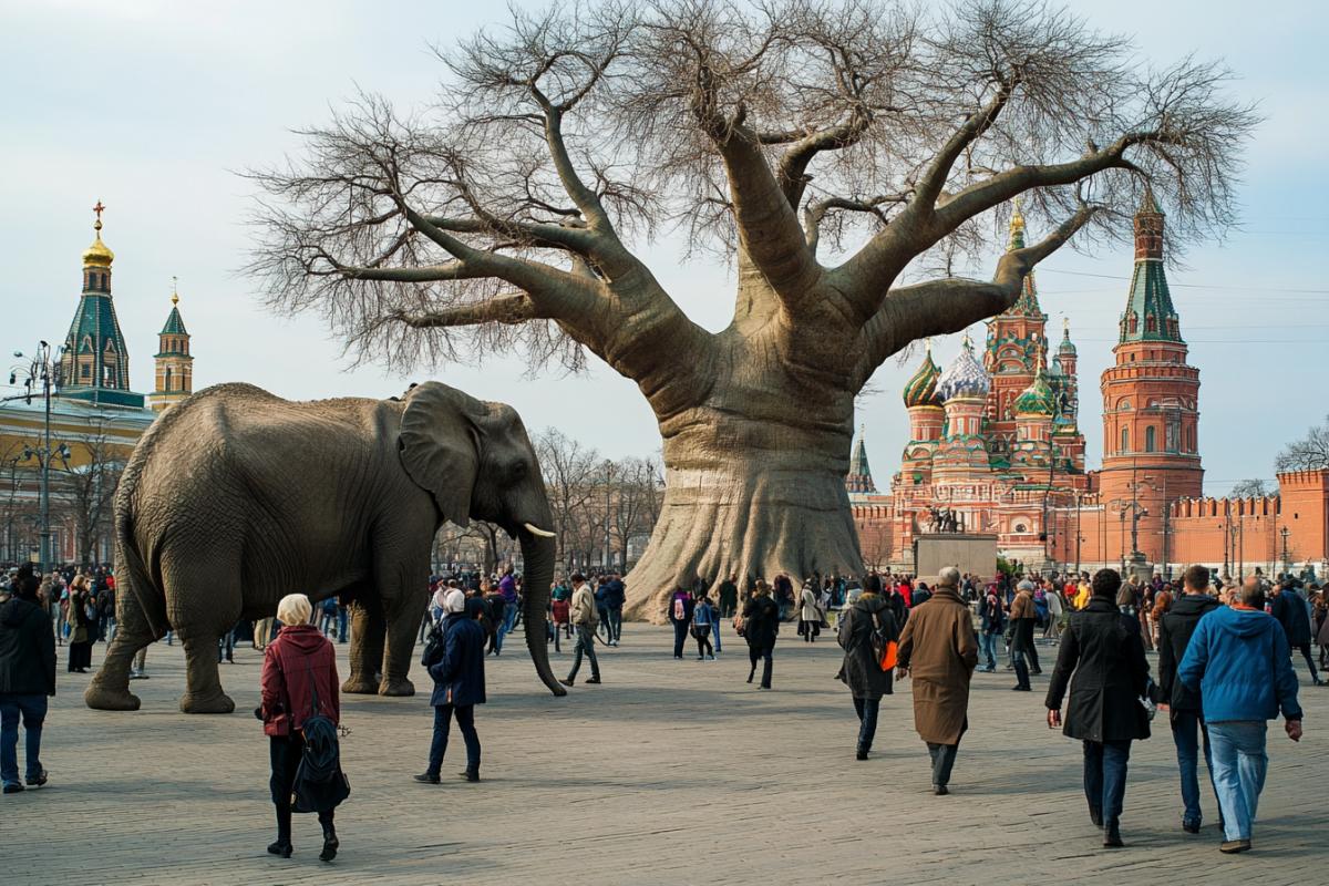 In Moscow, on Red Square, baobab trees have grown and African animals are walking among ordinary people
